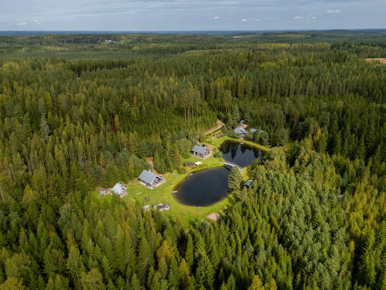 Metsän keskellä sijaitseva kiinteistö ilmakuvassa — referenssikuva dronekuvauksesta